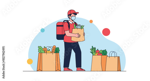 Delivery man wearing a protective face mask and uniform holding a paper bag of groceries for a safe food delivery service.