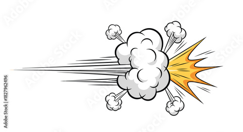 Dynamic comic book style motion effect featuring speed lines a large smoke cloud and a fiery explosion on a white background.