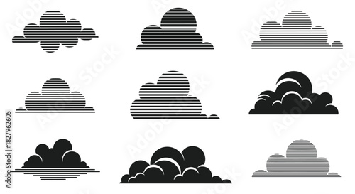 Collection of nine abstract cloud icons designed with horizontal black lines to create a unique and modern weather symbol set.
