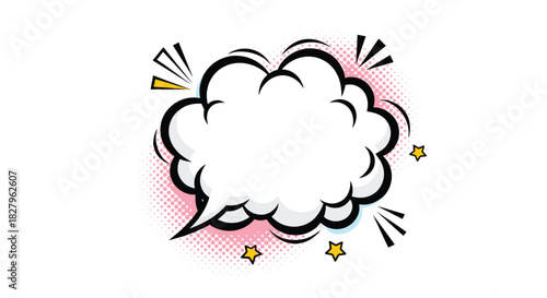 Blank comic book pop art speech bubble with pink halftone dots stars and action lines for expressing thoughts or dialogue.