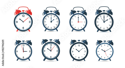Set of eight retro-style alarm clocks with different times displayed on the faces perfect for time management concepts vector.