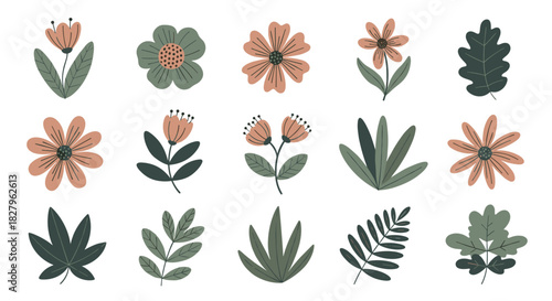 Collection of fifteen hand-drawn flowers and leaves in a rustic muted color palette for modern botanical and boho designs.