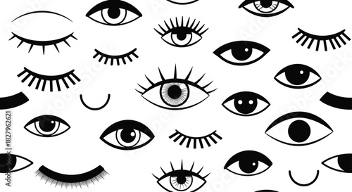 Seamless black and white pattern of various stylized eyes and eyelashes creating a modern and abstract background illustration.