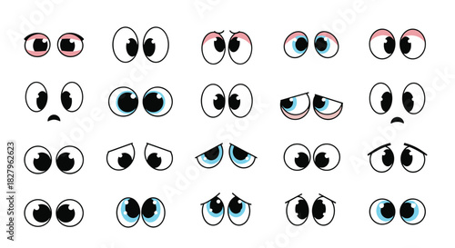 Large collection of expressive cartoon eyes showing a wide range of emotions like happiness sadness and surprise for characters.