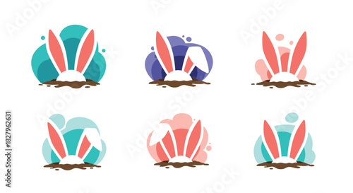 Set of six modern icons showing cartoon rabbit ears in a hole with abstract colorful splash backgrounds for easter branding.