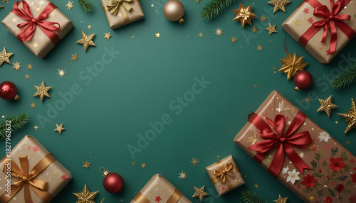 Overhead view of christmas gifts and ornaments arranged on a green background with copy space in center