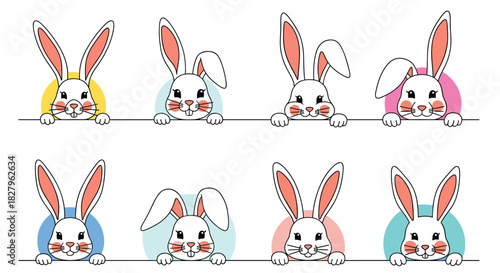Set of adorable cartoon white bunnies with different expressions peeking from behind a line and out of colorful circles vector.