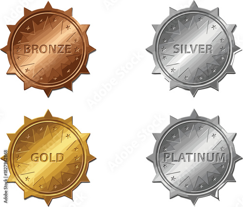 Metallic award badges set featuring bronze, silver, gold, and platinum levels, premium quality achievement icons for ranking, rewards, and membership tiers
