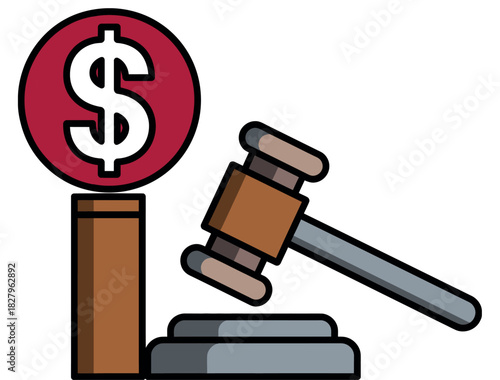 A gavel and a dollar sign are presented to represent business and finance.