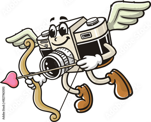 Camera mascot cartoon is being cupid
