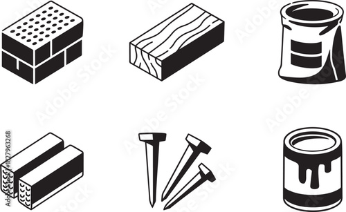 Building materials construction items vector silhouette icons set brick wood nails planks paint can