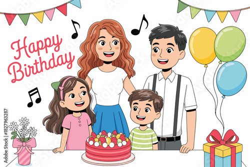Cheerful Family Happy Birthday Celebration Vector Illustration with Parents, Two Kids, Red Cake, Flower Arrangement, Balloons, and Festive Music Notes.