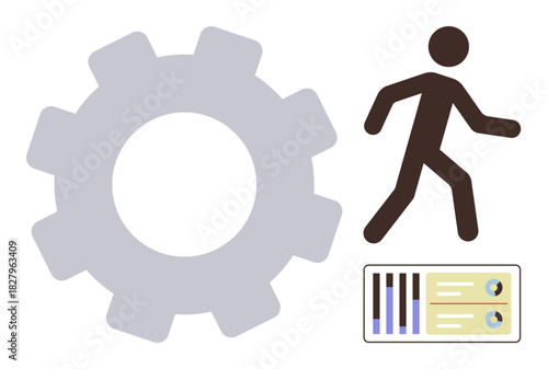 Gear symbolizing technology, person reflecting workforce, and analytics chart demonstrating data insights. Ideal for teamwork, operations, process improvement, productivity, innovation, technology