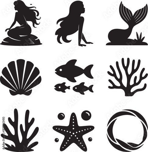 Mermaid and Ocean Life Silhouette Icons Set Vector Illustration Design