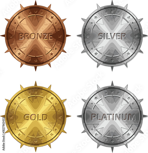 Metallic bronze, silver, gold, and platinum award badges, premium achievement medals, ranking tier icons for membership rewards, certification, recognition, and status