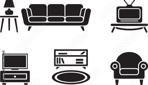 Collection of black icons depicting home furnishings including seating storage media and lighting