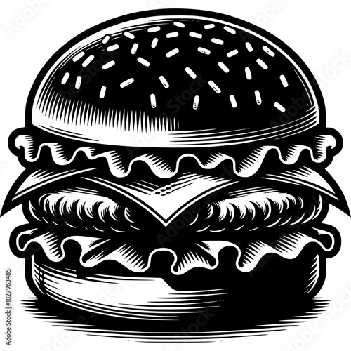 Classic Burger: A black and white depiction of a juicy burger, showcasing the layers of deliciousness, from the soft bun to the flavorful patty and fresh lettuce.