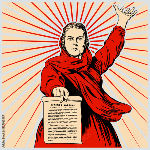 Vector illustration in the USSR style. Stylized to resemble old Soviet propaganda. A woman holding a sheet of paper. Propaganda poster. Poster for Motherland Day