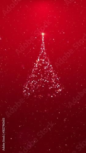 Christmas Tree Red Vertical Loop. Christmas tree made of sparkles with red background and snowfall, vertical resolution, seamless loop.