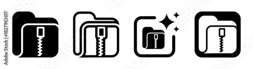 Black transparent folder zip icon illustrating a compressed data file in a clean modern vector PNG style