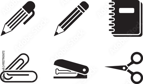 Collection of black icons representing essential stationery items and supplies for office work or school