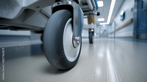 Low angle close up of a hospital stretcher wheel rolling fast down a sterile corridor in a cinematic emergency scene, illustrating urgent medical care concepts.