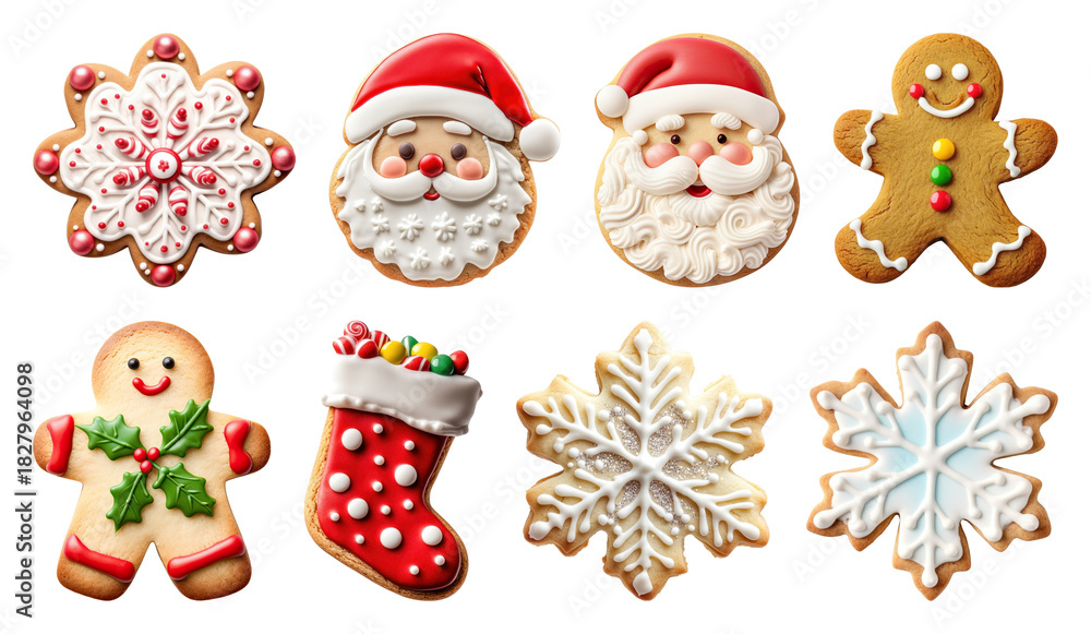 Fototapeta premium PNG Festive decorated Christmas cookies, element set on transparent background