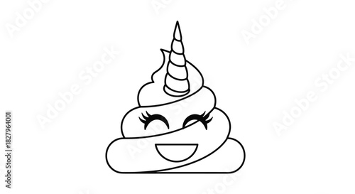 A funny coloring page of a unicorn poop emoji, featuring a swirly pile with a unicorn horn and cute eyelashes.