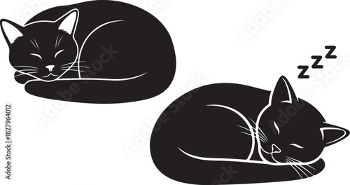 Two sleepy cats in a curled position monochrome illustration vector