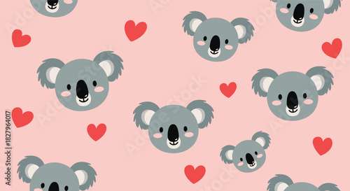 A cute and seamless pattern with adorable koala bear faces and red hearts scattered on a soft pink background for children.