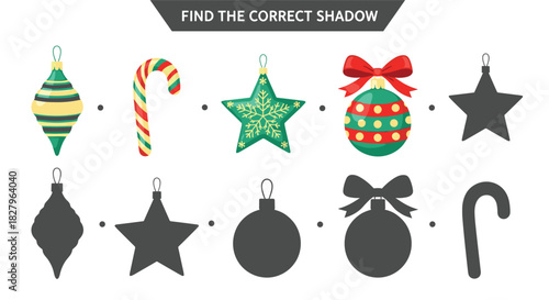 An educational 'find the correct shadow' matching game for kids with colorful Christmas ornaments like a candy cane and baubles.