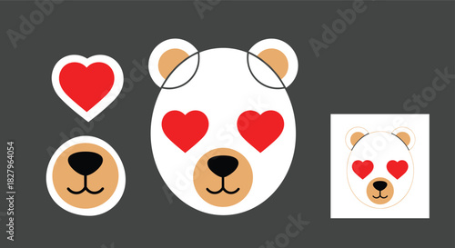A do-it-yourself sticker or craft set for creating a cute white bear face with red heart-shaped eyes and other elements.