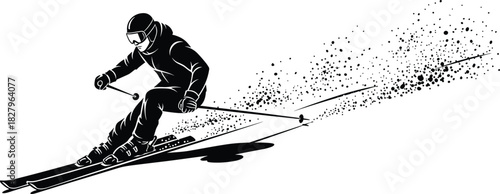 Black white skier in motion, snow spray, winter sport action, helmet goggles gear, dynamic downhill speed illustration concept flat vector
