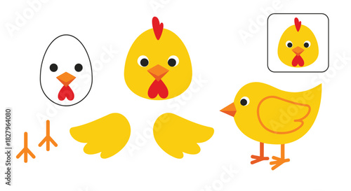 A cut and glue paper craft activity sheet for children to assemble a cute yellow chick and a white rooster's head.