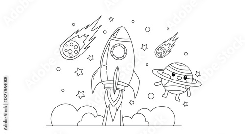 A fun space-themed coloring page for kids showing a rocket launching into a starry sky with a cute planet and meteors.