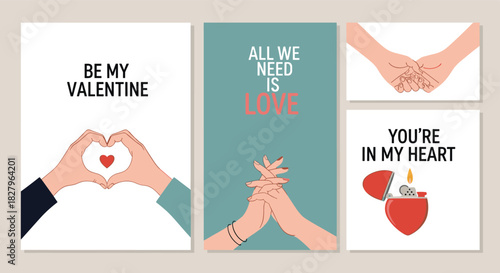 A set of four modern Valentine's Day greeting cards with romantic phrases, holding hands, and a heart-shaped lighter icon.