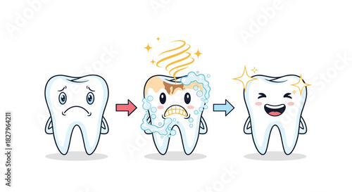 A cute cartoon illustration showing the process of cleaning a tooth, from sad and dirty to clean and sparkling happy.