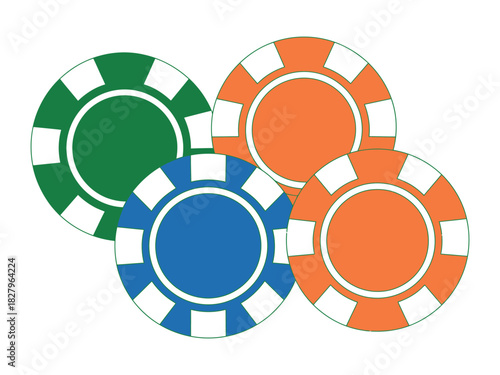 Four colorful poker chips are arranged in a cluster against a white background.