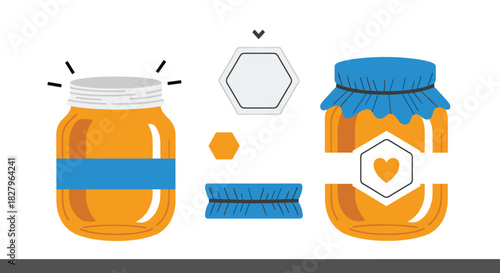 A do-it-yourself craft or sticker set for creating and decorating a cute cartoon jar of honey with a blue fabric top.