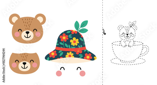 A cut and glue craft combined with a tracing activity, featuring a cute bear wearing a floral hat and sitting in a teacup.
