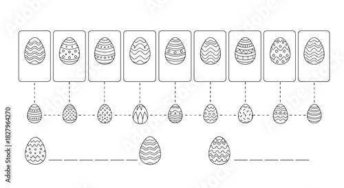 A black and white educational worksheet for kids to match different patterned Easter eggs with their corresponding smaller versions.
