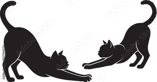 Two Black Cats Stretching Silhouette Graphic Vector Illustration Design