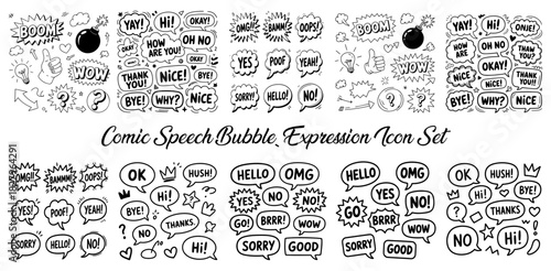 Hand drawn comic speech bubble expressions icon set in black and white