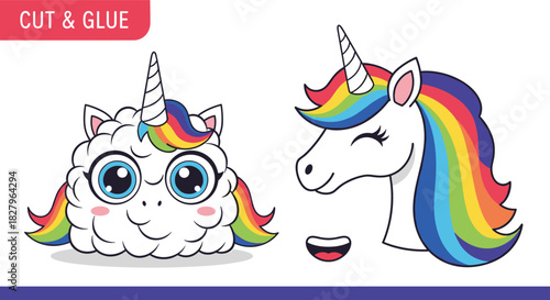 A cute cut and glue craft activity for children to create a fluffy cloud unicorn and a classic unicorn with rainbow manes.