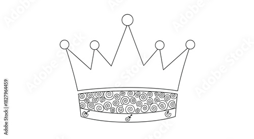 A simple line art coloring page of a royal crown with a detailed swirly pattern on the band, perfect for kids and adults.