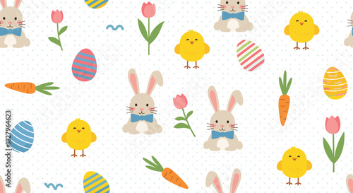 A cheerful and seamless Easter pattern for kids featuring cute bunnies, yellow chicks, carrots, and colorful decorated eggs.