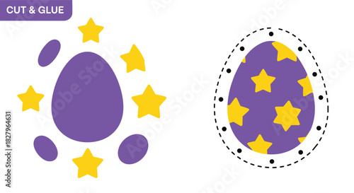 A simple cut and glue craft for young children to create a purple Easter egg decorated with yellow stars and dots.