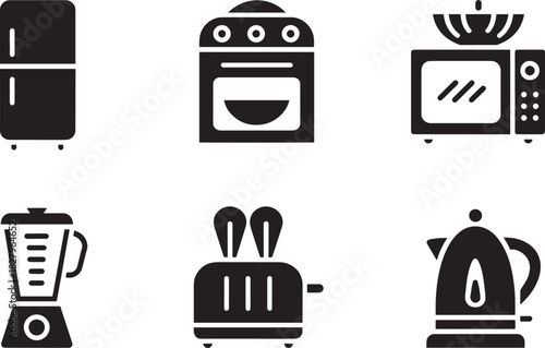 Kitchen appliances set vector icons refrigerator oven microwave blender toaster kettle glyphs