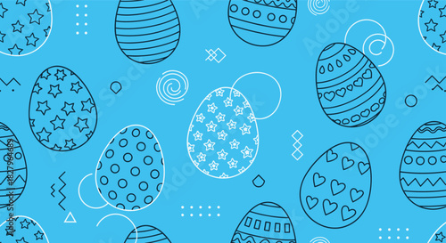 Seamless pattern with decorative Easter eggs in a line art style on a bright blue background with various geometric shapes.