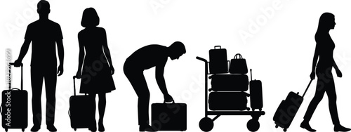 Silhouettes of people traveling with suitcases and luggage trolley, representing airport departure, arrival, vacation, and travel industry concepts on a white background.